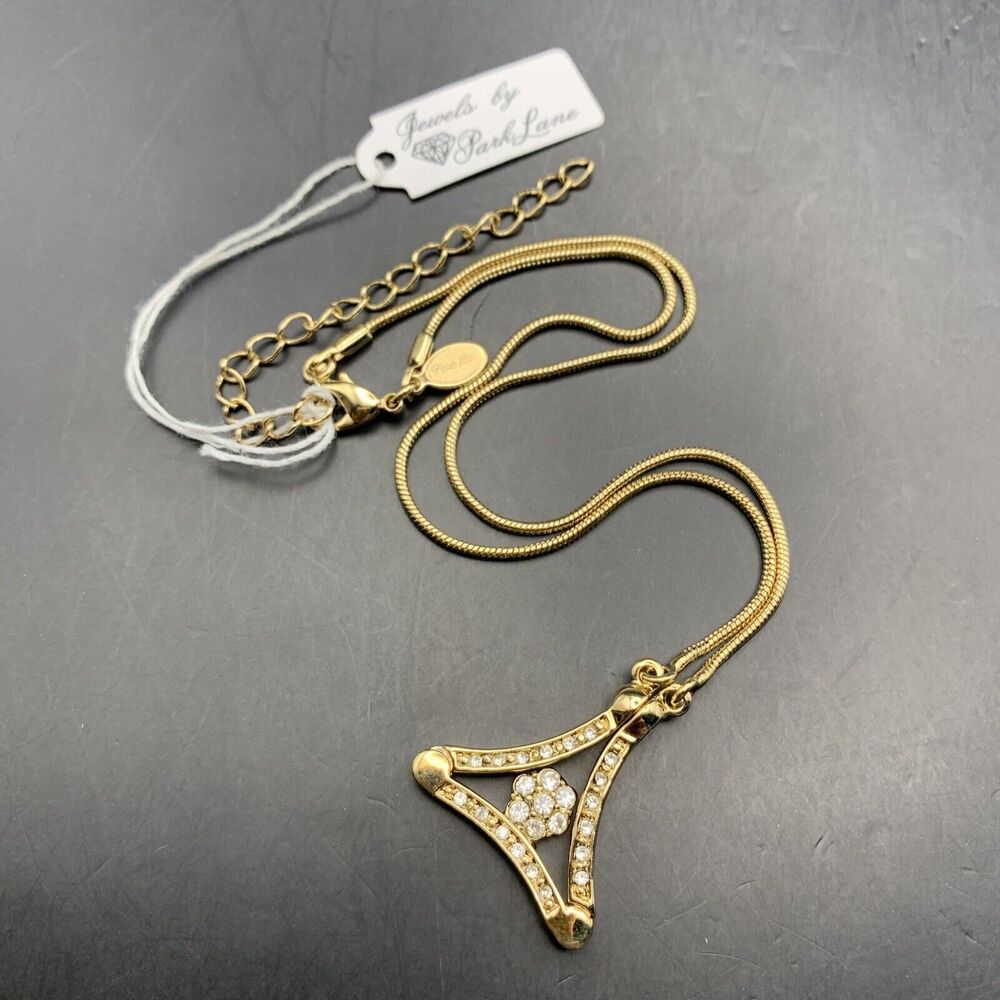 Park Lane Pendant Necklace Flower Floral Triangle Gold Tone Clear Rhinestone